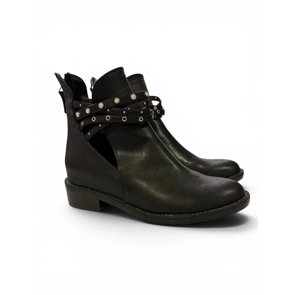 NINE WEST NW7TAHMEL Women's Black Ankle Studded Strap Back Zip Boots Size 9M - Picture 1 of 2